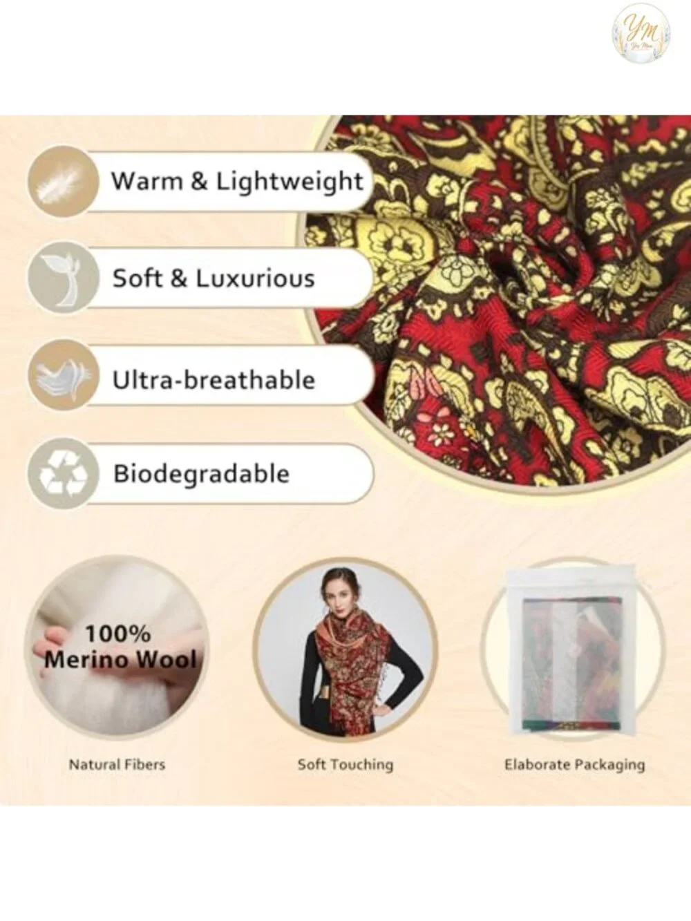 100% Merino Wool Extra Large Pashmina Shawl Wrap for Women